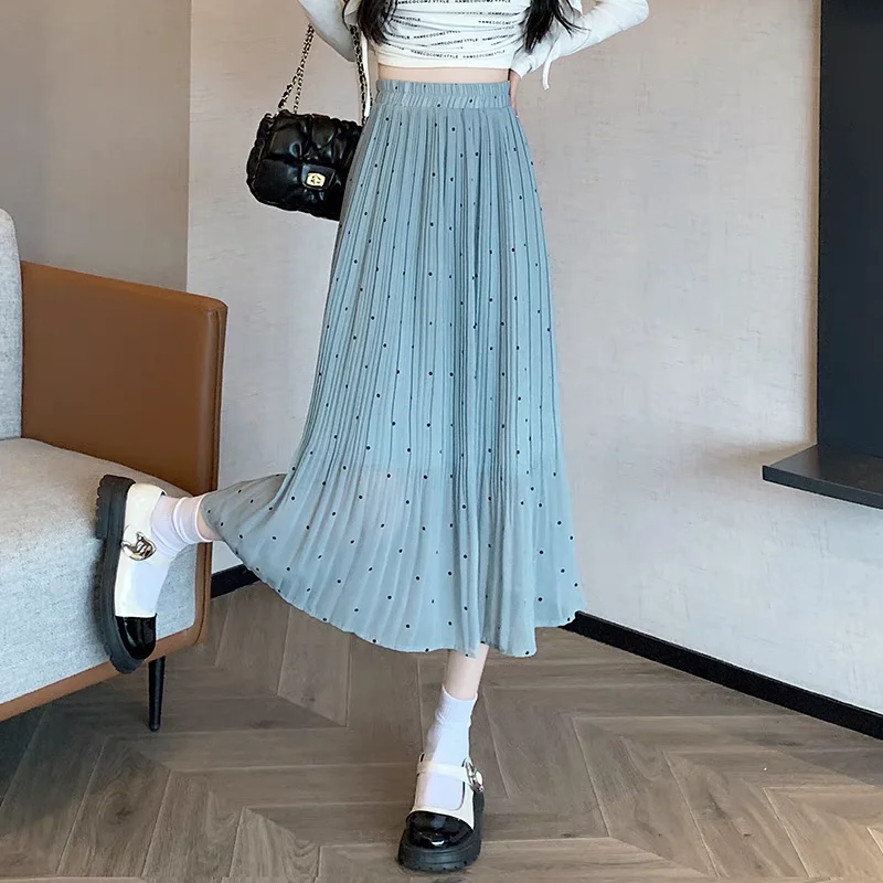 Polka Dot Chiffon Pleated Women's New Polka Dot Mid-length High Waist Drooping Slim and Versatile Skirt