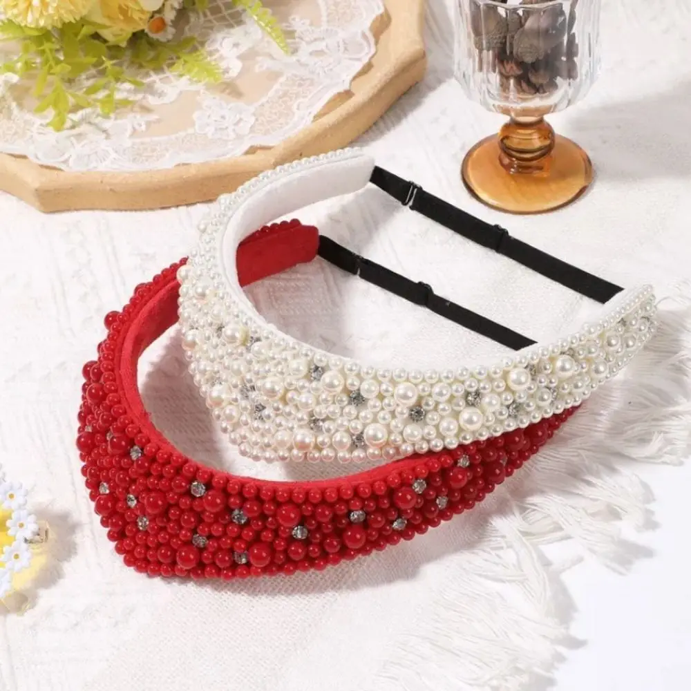 Elastic Straps Pearl Headband Faux Pearls Triangle Shape Rhinestone Hair Band Wide Edge Elegant Hair Accessory Formal Event