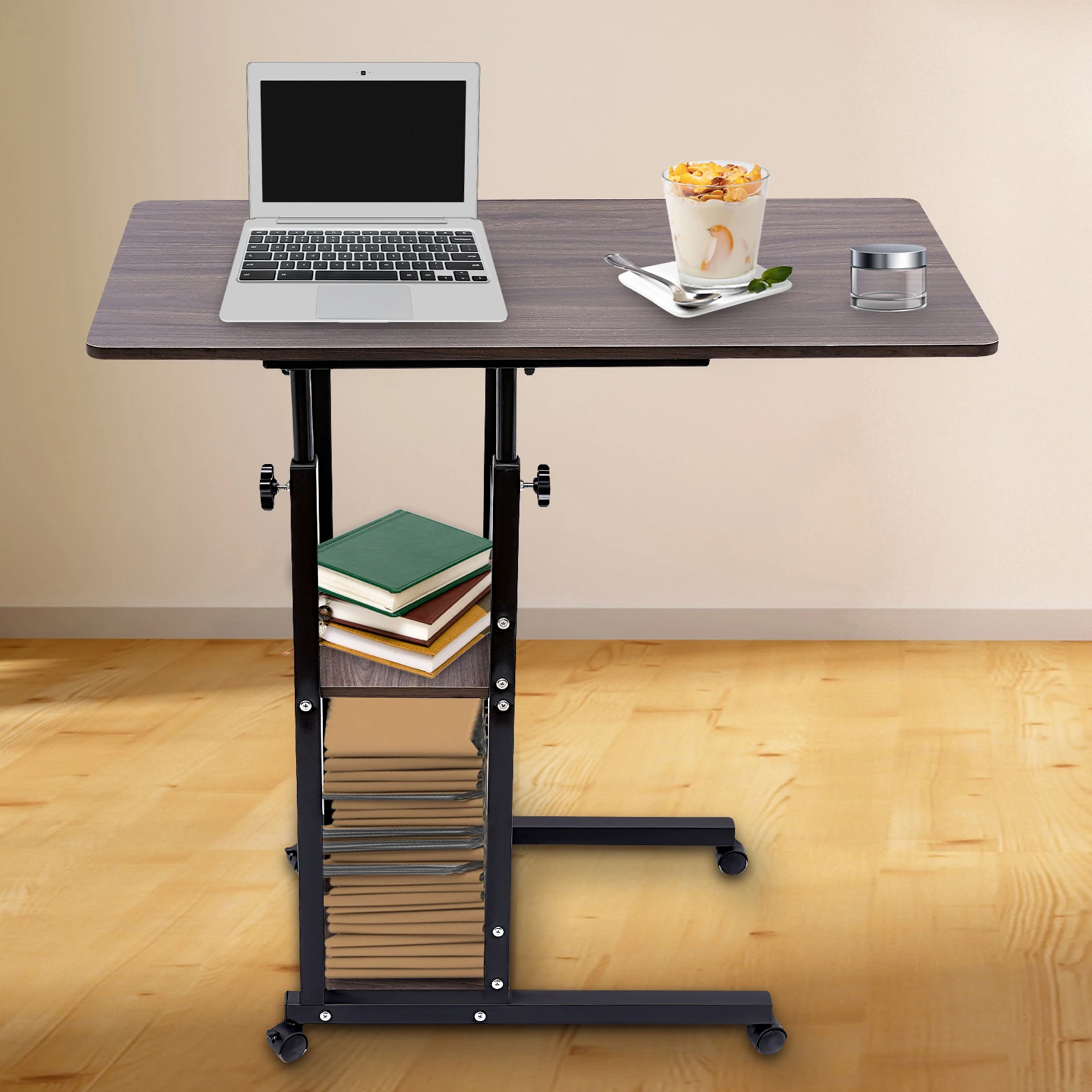 Adjustable C-Shaped Side Table, 3-Tier Mobile Desk with Locking Wheels, 26.8-33.5" Height for Laptop & Bedside Use