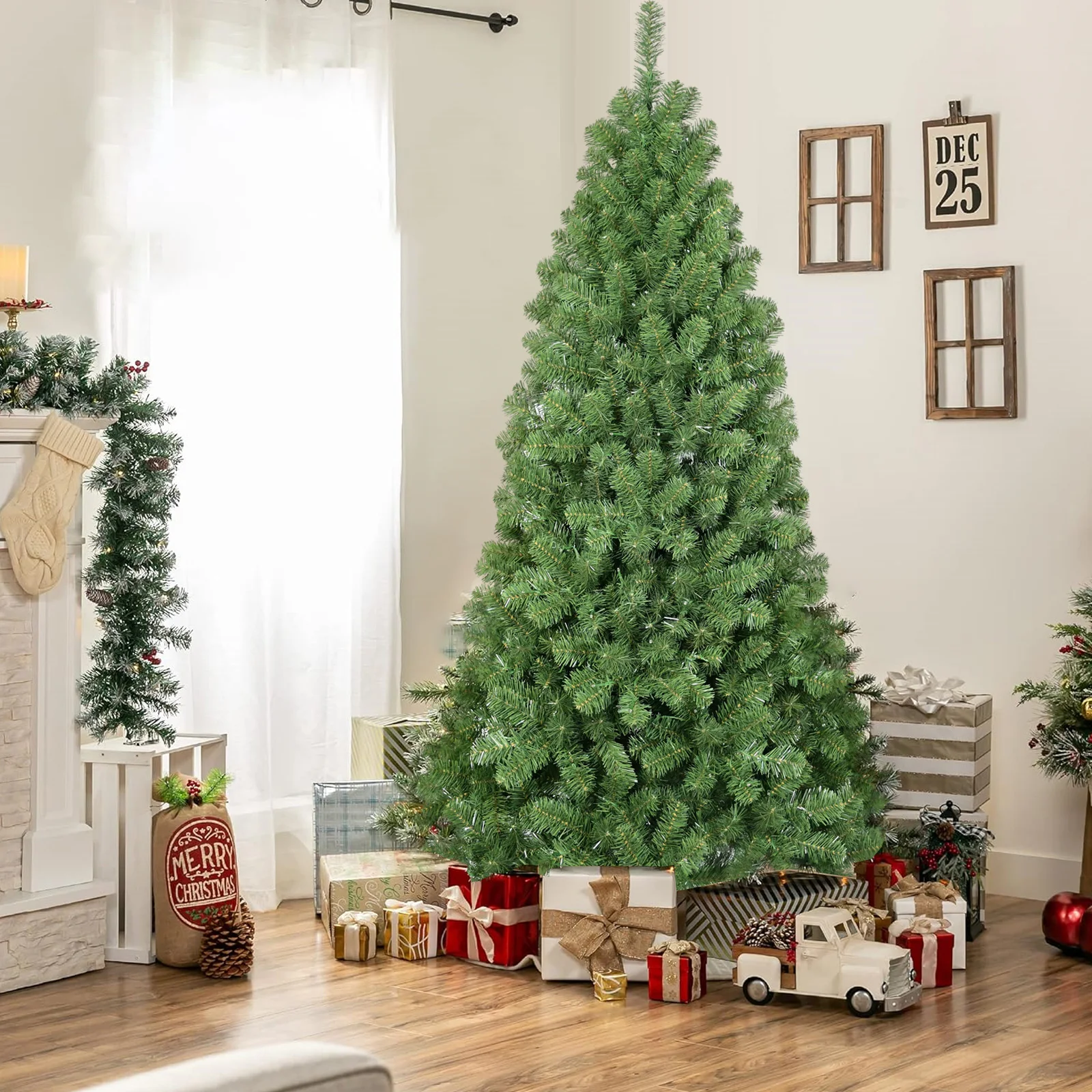 

7ft Christmas Tree With Memory Wire 1064 Tips Hinged Artificial PVC Tree Easy Setup Green Xmas Tree for Indoor Decoration