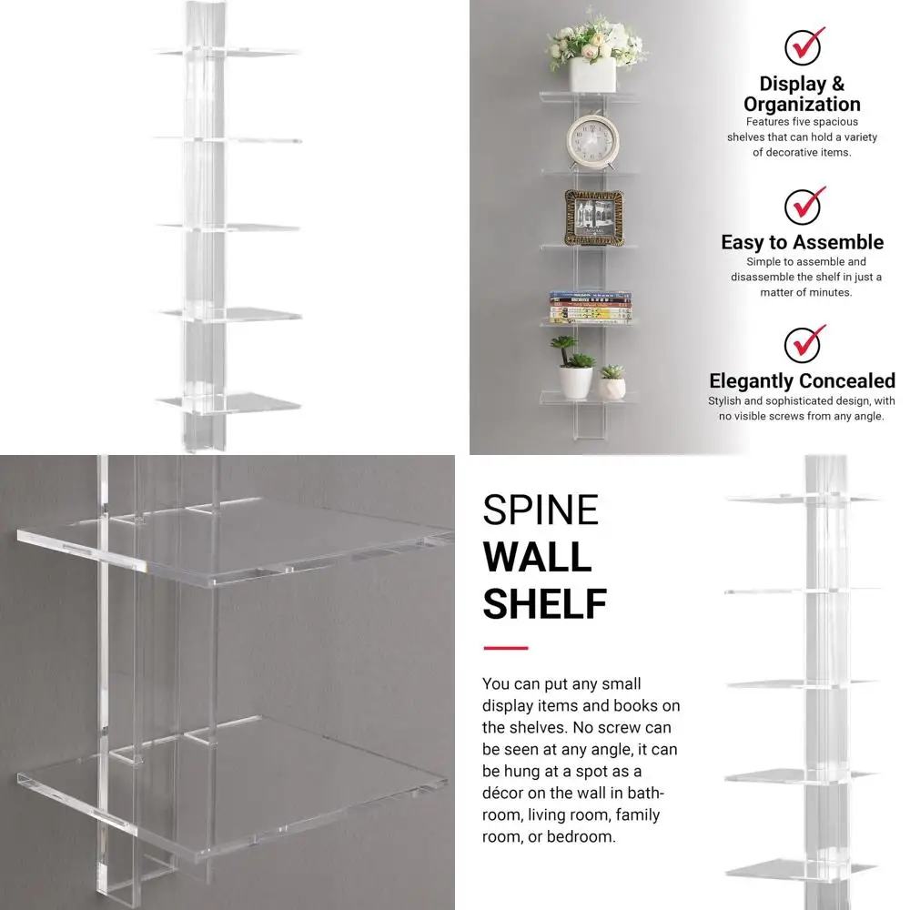 

Clear Acrylic Wall-Mounted Spine Bookshelf, 8x9.5x37, Modern Decorative Storage