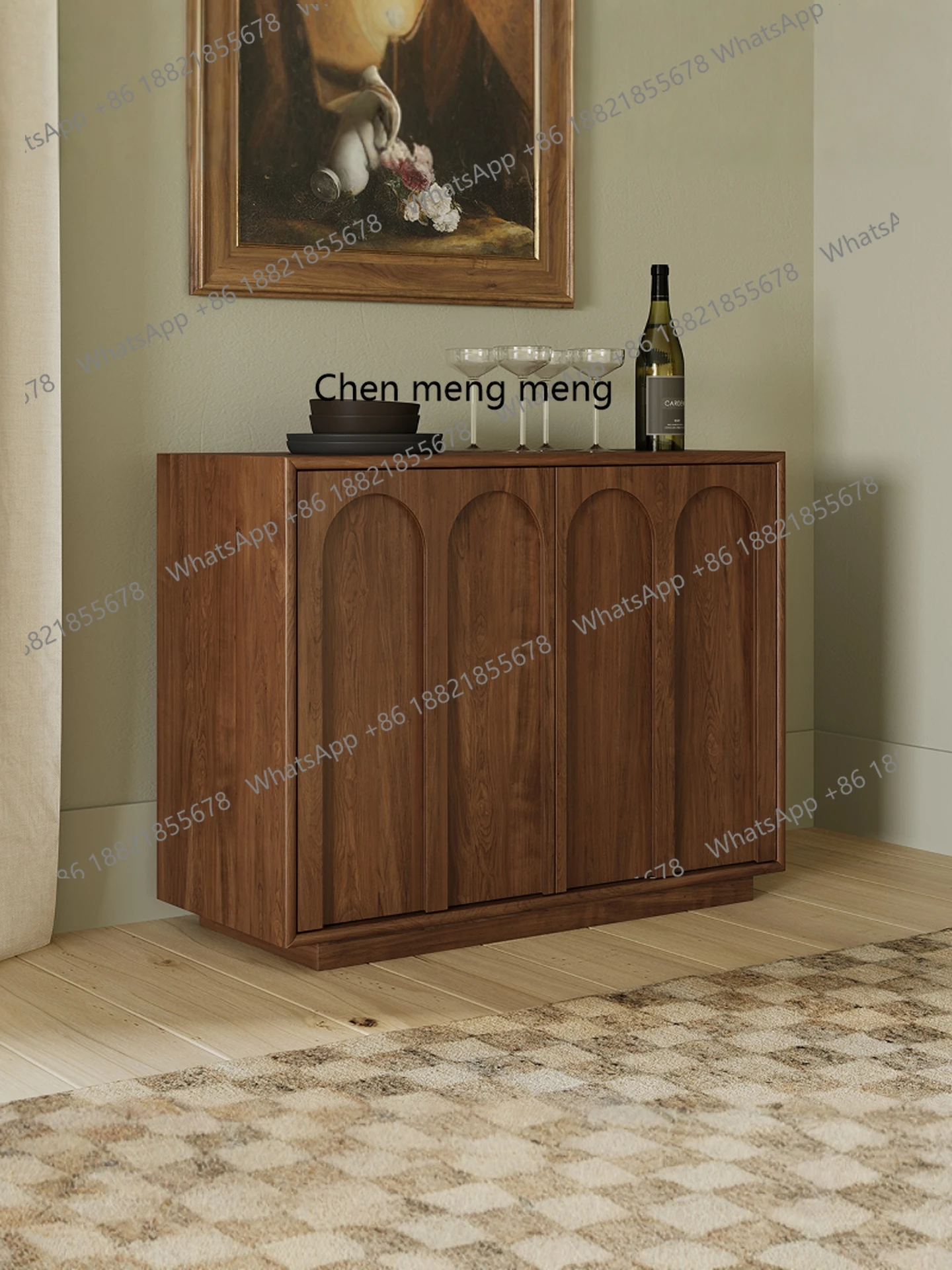 Solid wood braided rattan dining side cabinet retro small apartment entrance, wall storage, tea cabinet