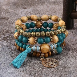 Boho Tree Of Life Bracelet Set For Women Fashion Tassels Charm Wooden Beads Elastic Chain Bangle Men Trendy Party Jewelry