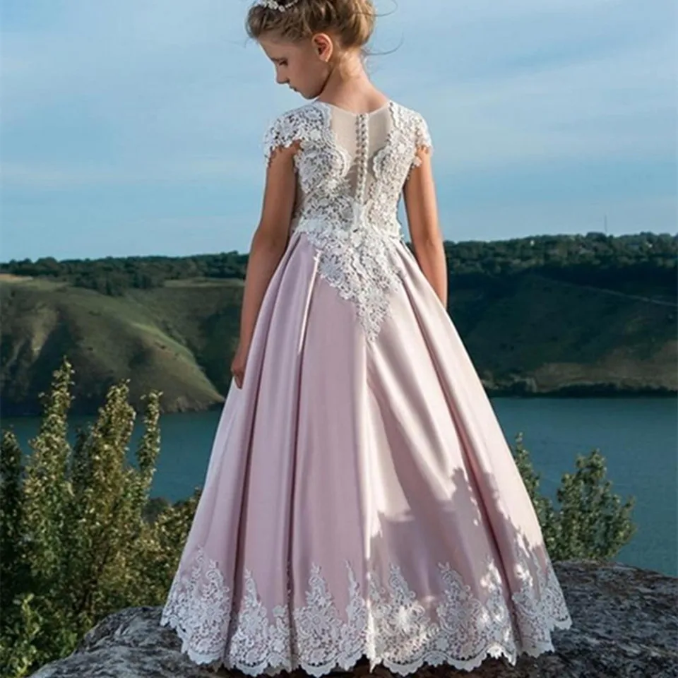 Vestidos de casamento rosa para meninas, apliques de renda, manga curta, até o chão, concurso, primeira comunhão