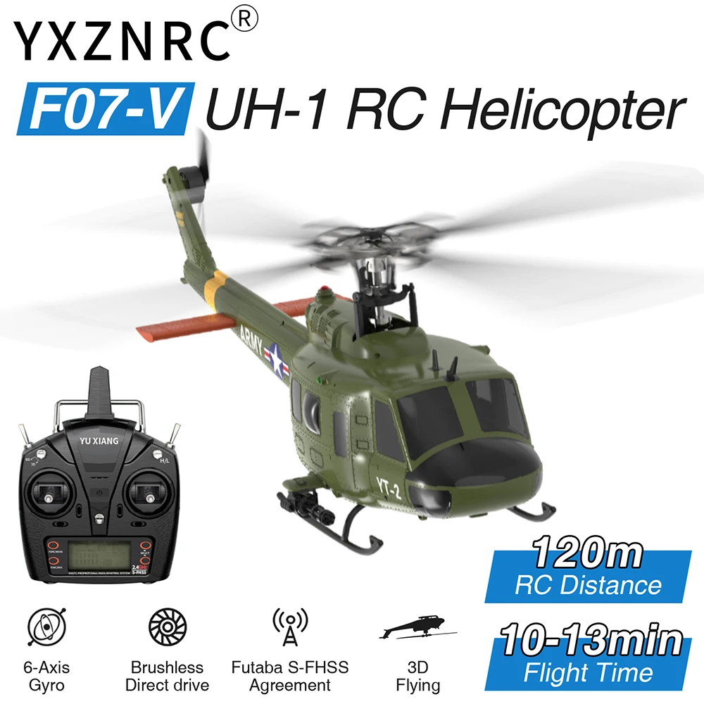 

2025 Новый радиоуправляемый вертолет YUXIANG F07-V UH-1 6-осевой гироскоп 6CH 3D Flying 1:34 Масштаб Huey Двойной бесщеточный двигатель с дистанционным управлением Самолет