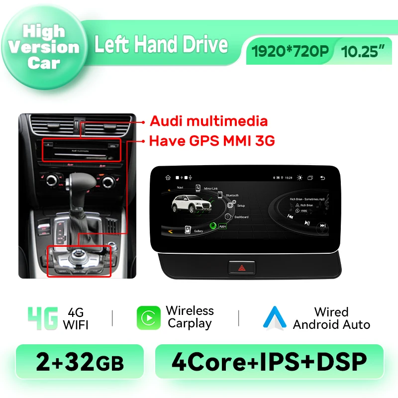 Android 14 Draadloze Carplay Autoradio voor Audi Q5 2009-2016 BT 8GB+128GB GPS 8-Core Navigatie Multimedia 4G WIFI