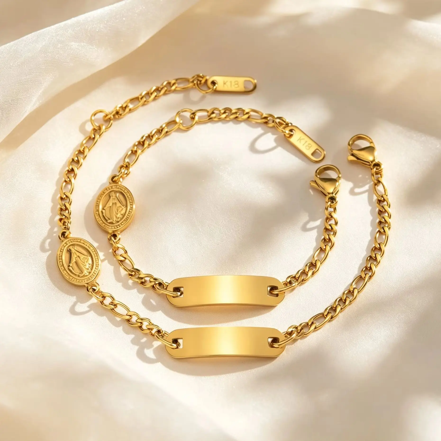 Anti Allergy Stainless Steel Custom Name ID Bracelet for Little Girl Women, Personalized Virgin Mary Religious Jewelry Gift