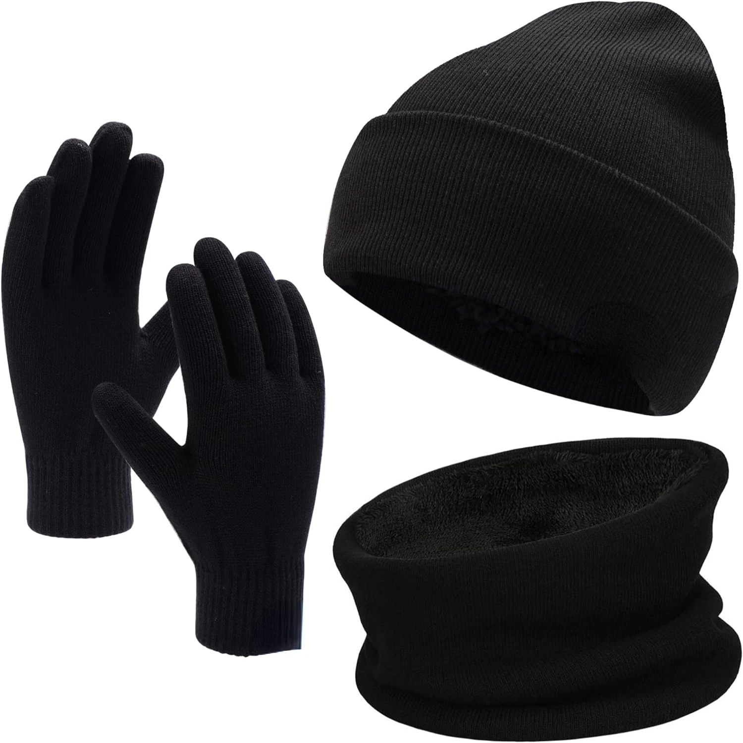 

Stylish and Cozy Winter Beanie, Scarf, and Touchscreen Gloves Set for Men and Women - Soft Fleece Lining Warm Neck Warmer Beanie