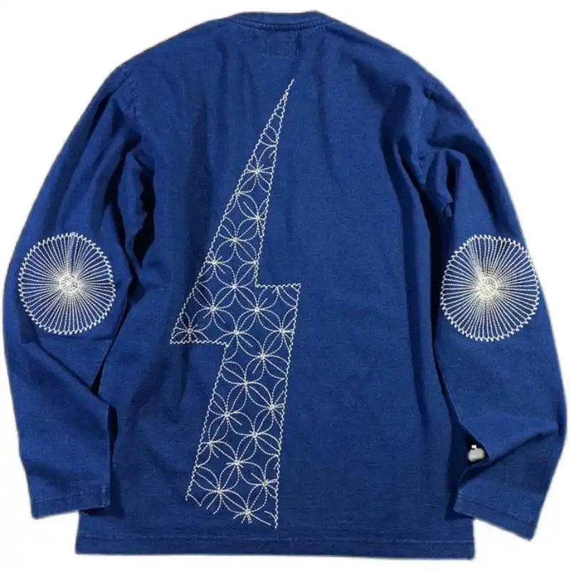 

KAPITAL Hirata Kazuhiro's New Japanese Blue Dye Embroidered Lightning Retro Trend Casual Long Sleeved T-shirt for Men