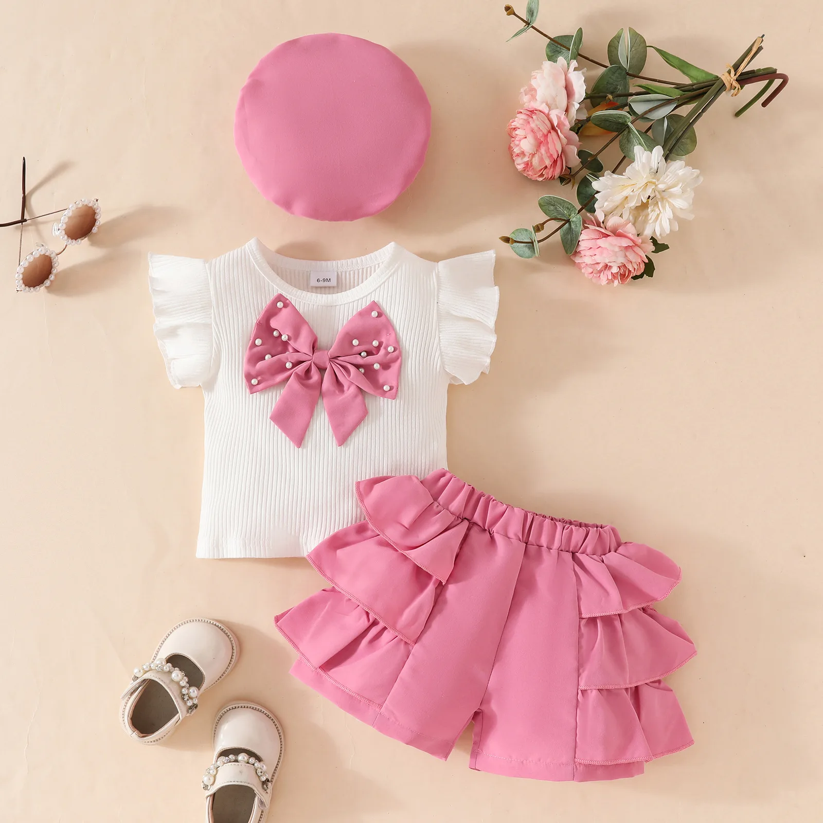 Summer Baby Girls Clothing Set 0-3Y Lotus Leaf Edge Big Bow Top Multi Layer Edge Shorts Beret Infant 3Pcs Suit Children's Outfit