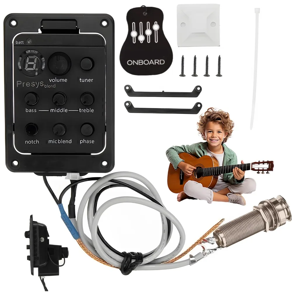 Micro piezo pour guitare acoustique avec préampli égaliseur 3 bandes et écran LED, accordeur intégré, commandes de volume/basses/médiums/aigus, système d'égalisation portable pour guitare folk, performances en direct et amplification sonore.