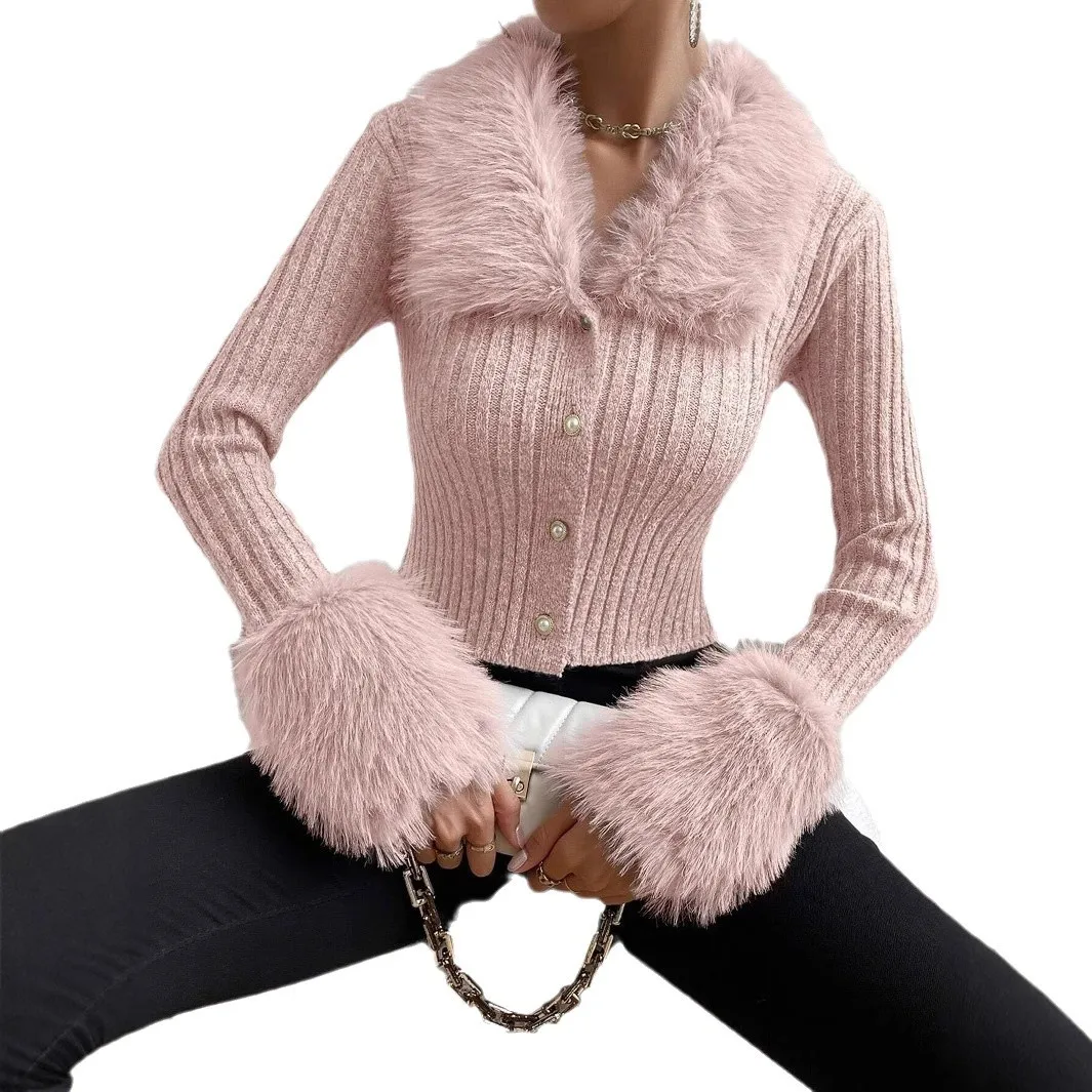 2025 New Fashion Button Slim Knitted Cardigan Women Autumn Sexy And Elegant Fur Collar Long-sleeved Top For Women