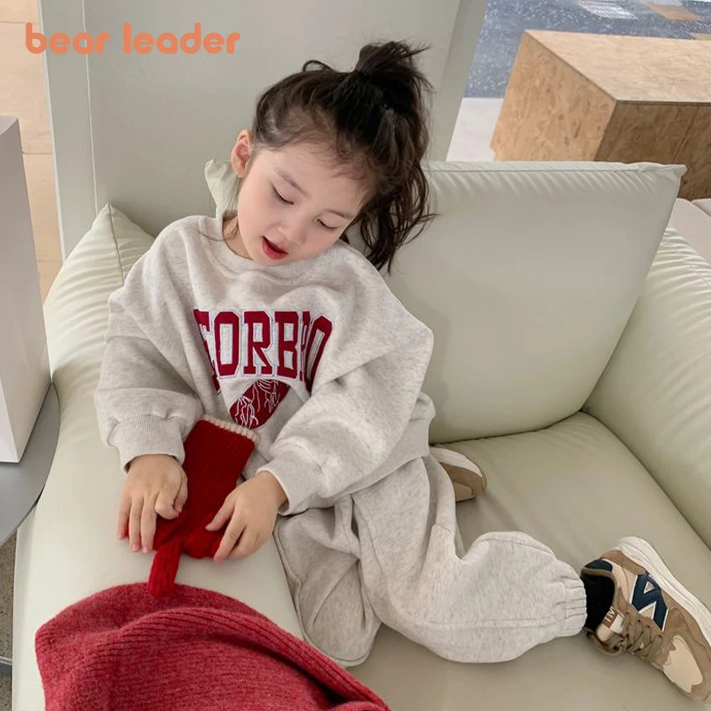 

Bear Leader Girls' Sweatshirt Set Winter New Round Neck Thin Velvet Long Sleeve Sweatshirt Set Girls' Fashion Printed Sweatshirt