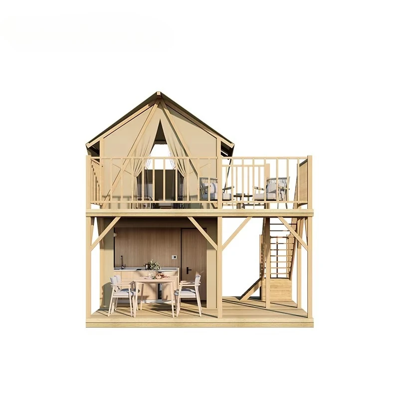 customize Factory Outdoor Two Story Resort Hotel Glamping Safari Tent Luxury Canvas Roof Glamping Solid Wood Tent House Loft