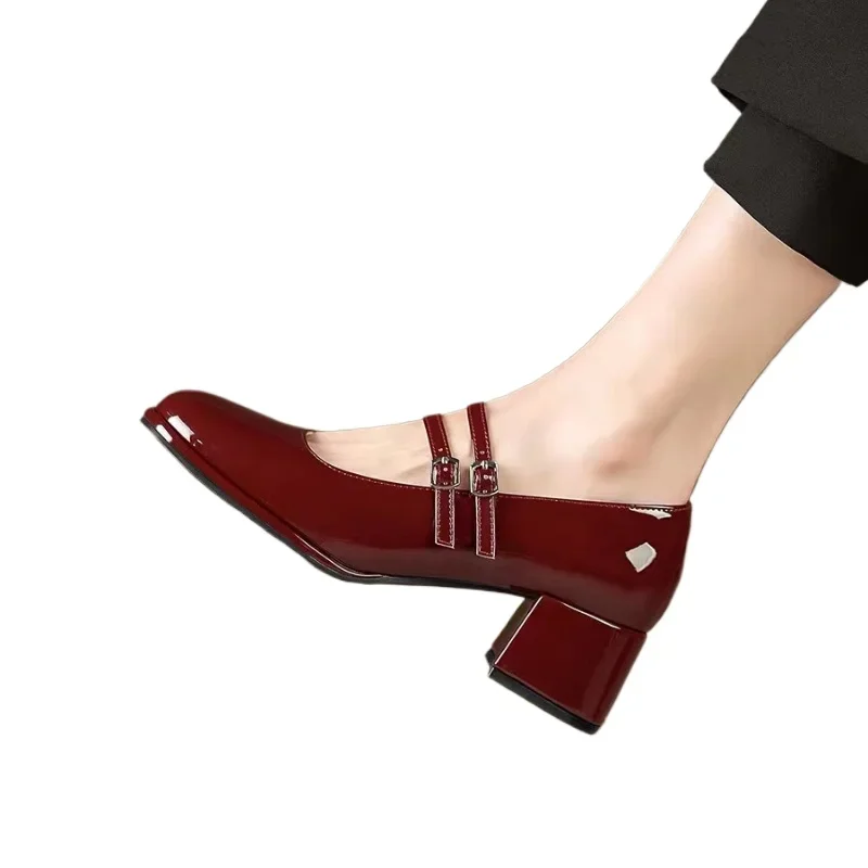 Thick Heel Square Toe Buckle Solid Color Elegant Women\'s Shoes 2024 New Fashion Dress Sling Comfortable Women\'s High Heels