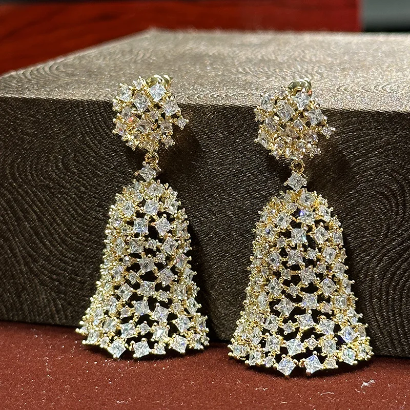 Retro wind chimes bell-shaped exaggerated luxury zircon earrings sweet wedding jewelry