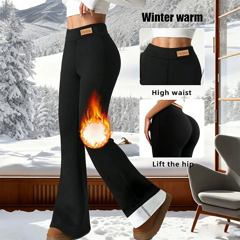Women Fleece Lined Flared Leggings Pocket High Waist Hip Lift Stretch Yoga Pants Woman Soft Comfy Daily Workout Fitness Trousers