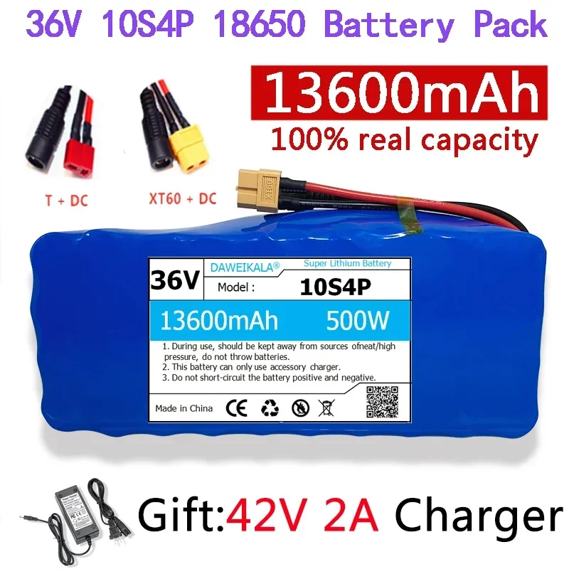 

36V Battery13600mAh real capacity 10S4P 18650 Lithium Battery Pack 500W 1000W For electric scooters 42V E-bike with 2A Charger