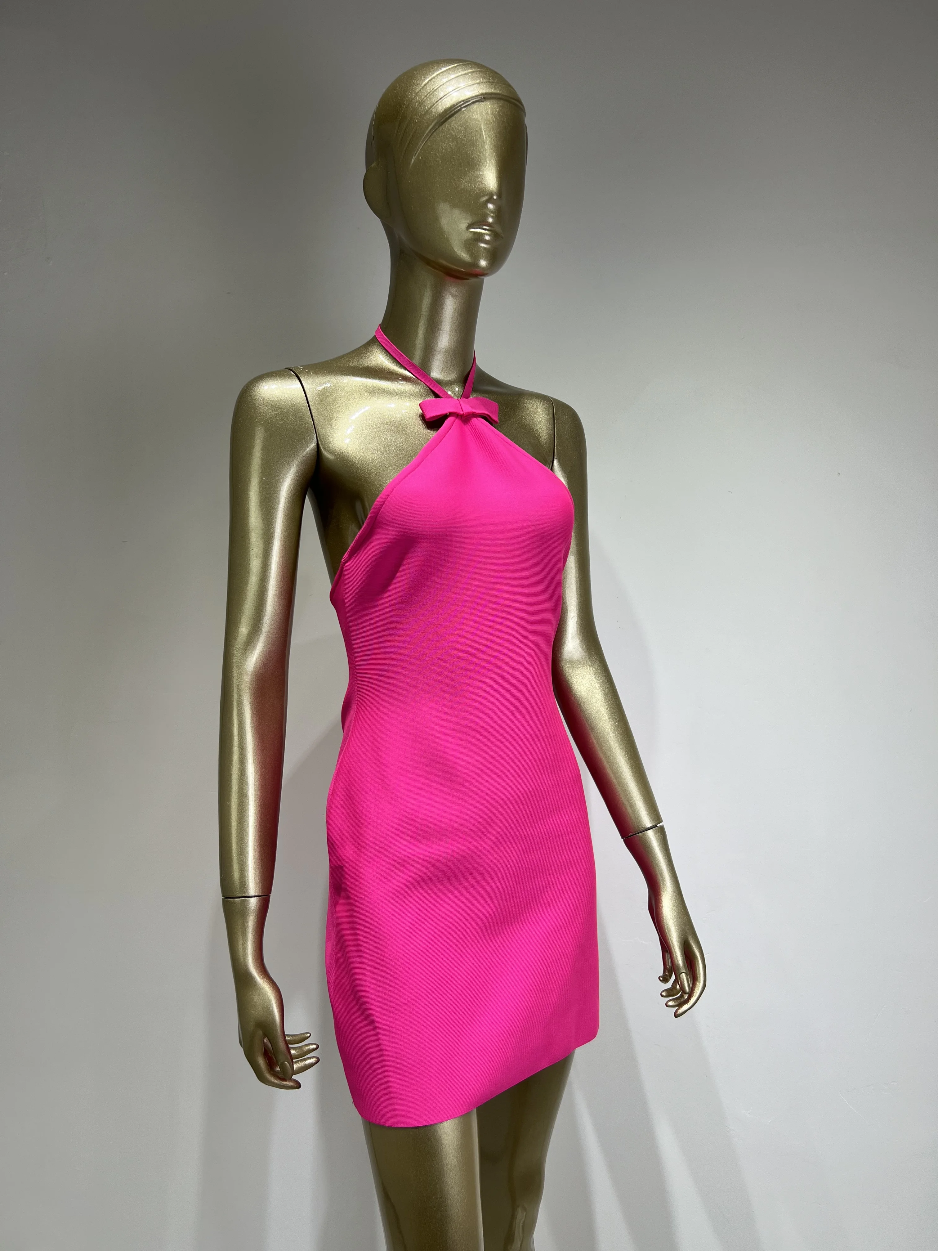 New Women Summer Sexy V Neck Cut Out Backless Hot Pink Mini Bandage Dress Designer Evening Club Party Dress