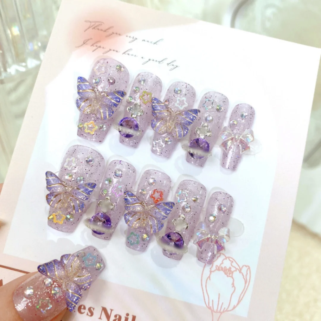 Purple Butterfly Press on Nails 3D Long Full Cover Acrylic Fake Nail Tips Planet Rhinestone Design for Women&Girls False Nail