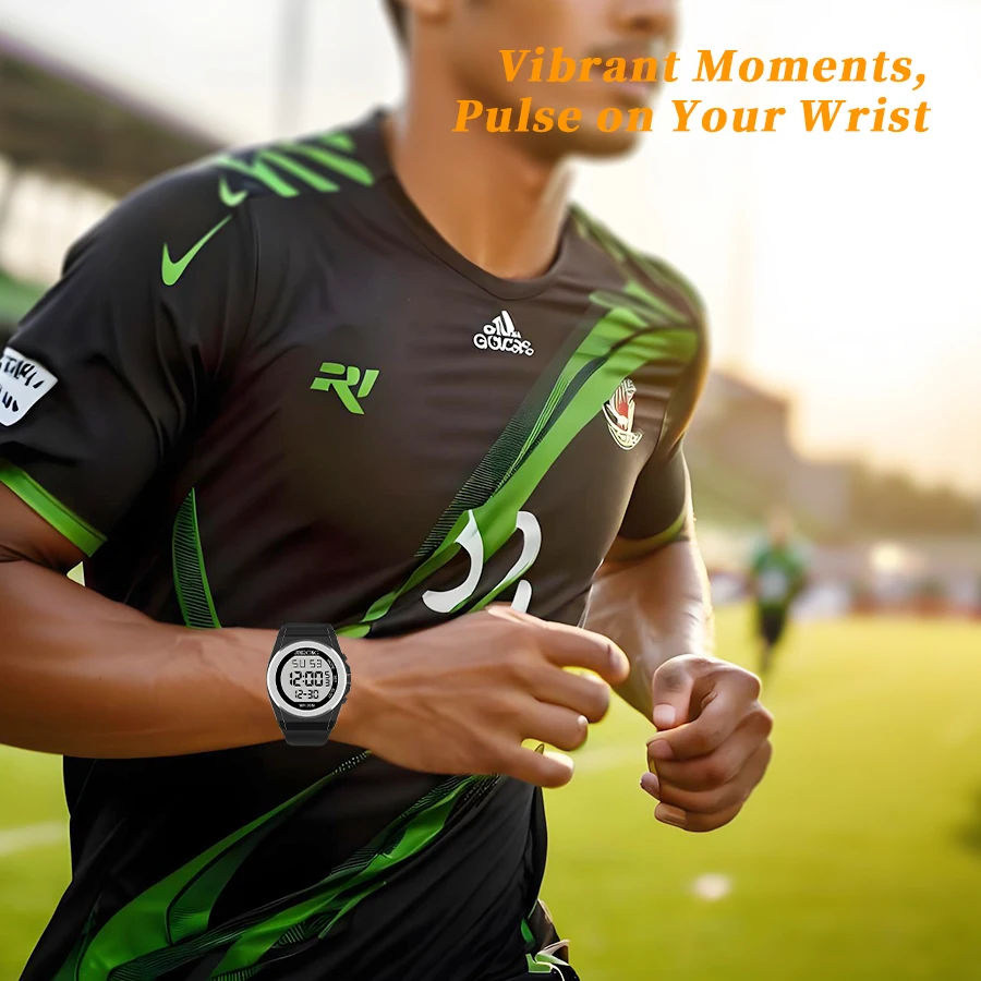 남성용 스포츠 디지털 시계 방수 30M 라운드 다이얼 대형 디스플레이 전자 드라이브 모드-다기능 야외 시계