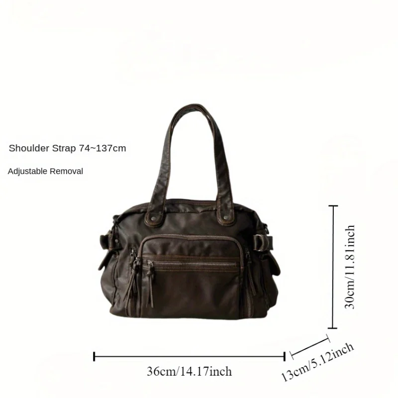 Washed Vintage Tote Bag Motorcycle Bag Soft PU Leather Large Capacity Shoulder Bag Y2K Punk Multi-Pocket Messenger Bag