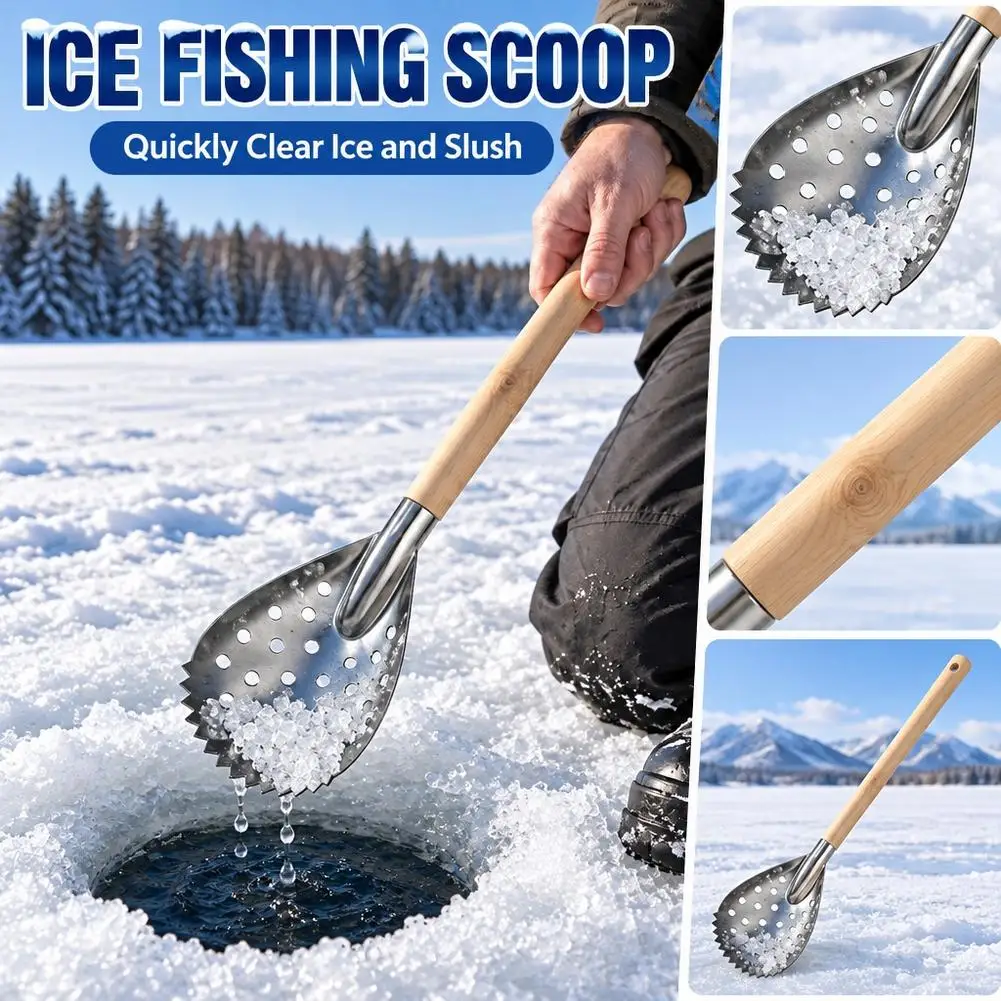 Ice Fishing Skimmer Slush Scoop Stainless Steel Serrated Edge Ice Chipper Spoon Wood Handle Winter Fishing Tackle Accessories