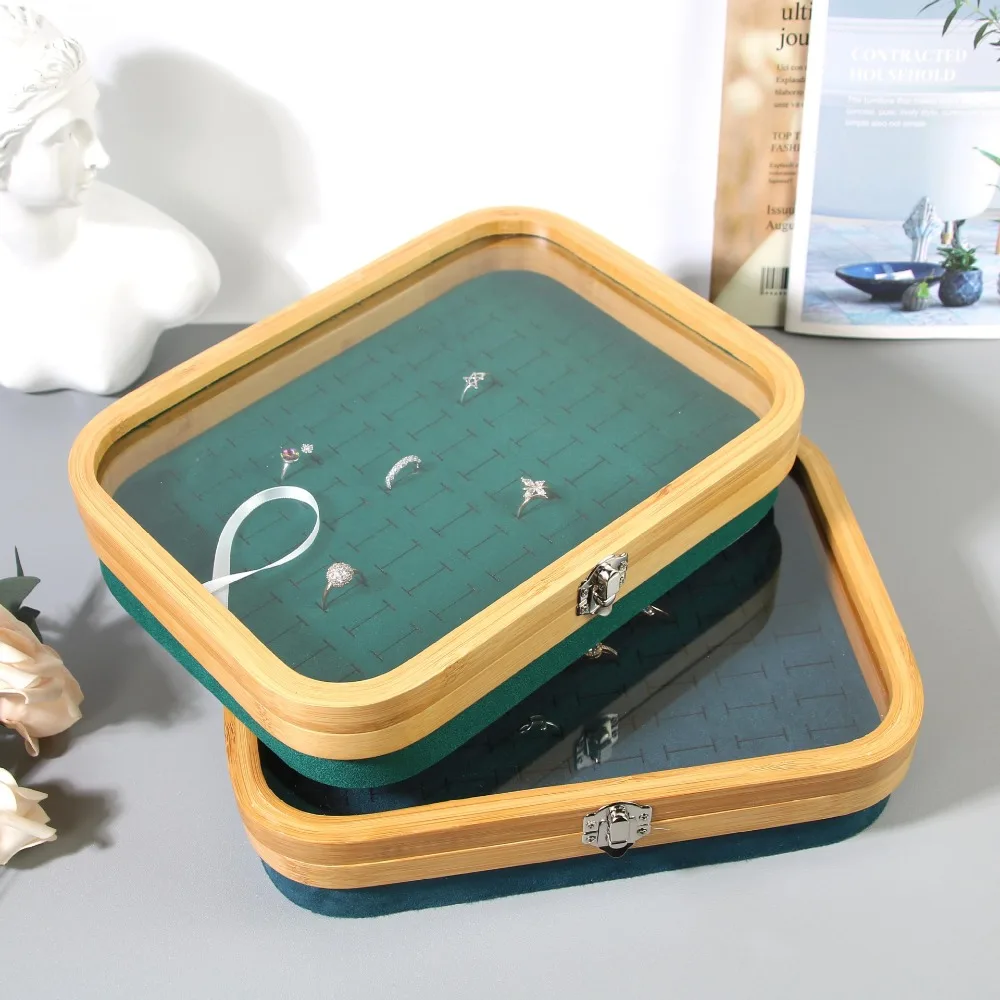 Ring Display Box Velvet Lined Jewelry Organizer with Glass Lid Anti-Scratch Holder for Rings and Earrings, Home & Travel Use