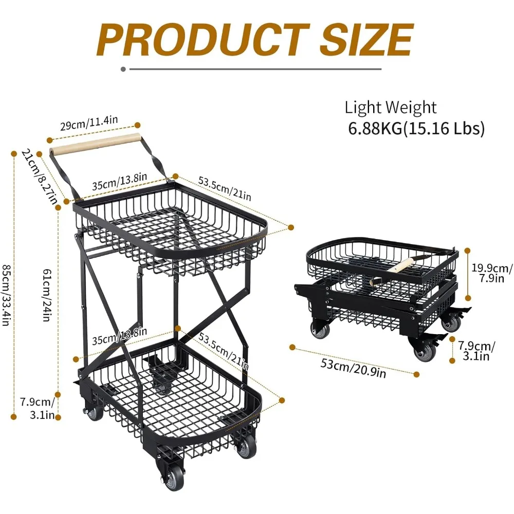 Multi Functional Two Layers Foldable Shopping Cart, Collapsible carts with 360° Swivel Wheels, Large Capacity