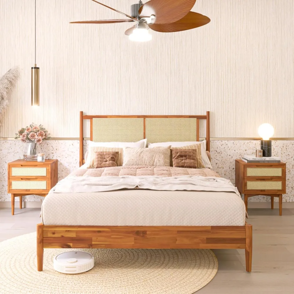 

Headboard Queen Size Bed Frame - 15-Inch Signature Design with Rattan Headboard, Bohemian and Mid Century Style