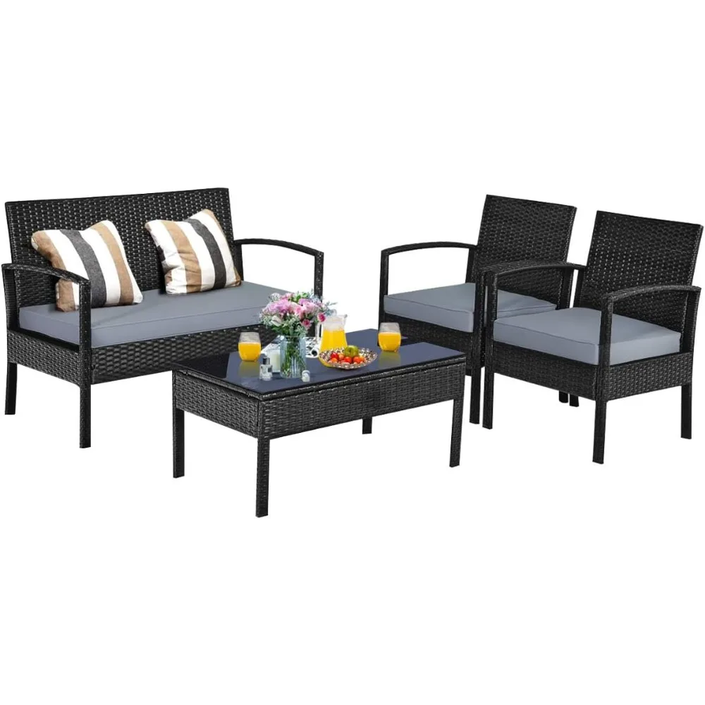 

4 Piece Patio Furniture Set, Outdoor Rattan Wicker Conversation Set with Cushion & Coffee Table, Chairs and Table Set for Court