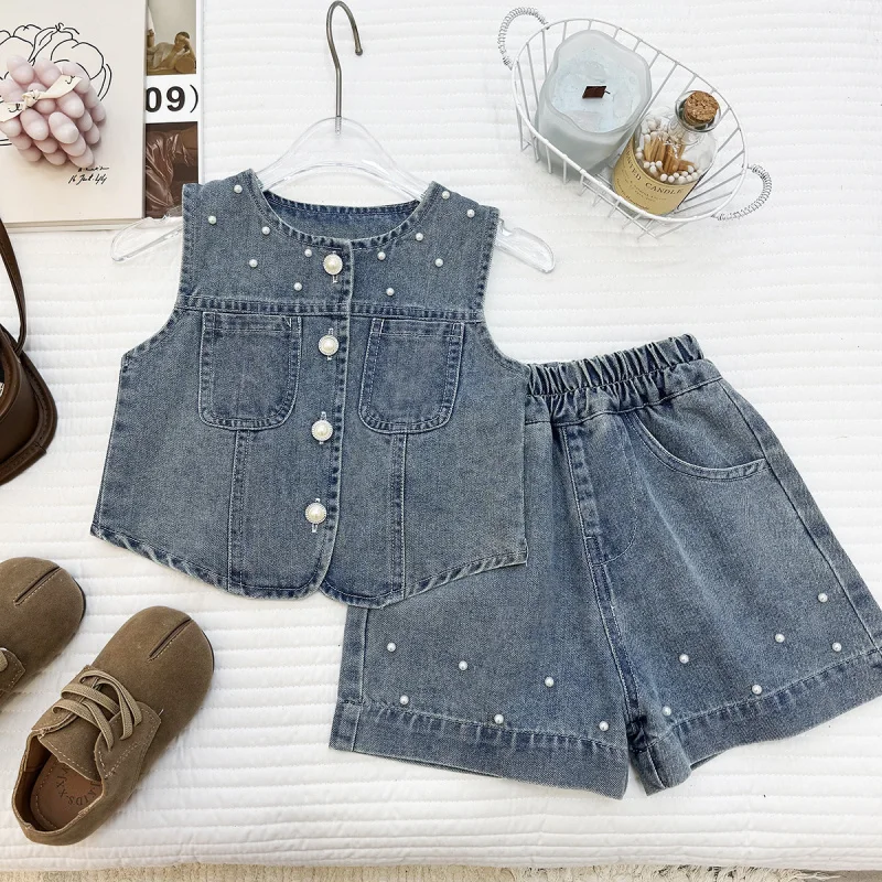 

2026Summer sweet and cool design with heavy-duty rhinestone detailing, sleeveless denim vest and shorts set