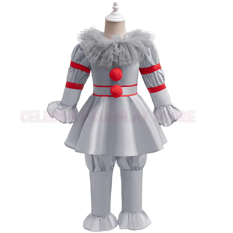 

Scary Joker Pennywise Cosplay Costumes Boys Girl baby Puff Sleeve Tulle Collar Top With Pants Halloween Carnival Party Clothing