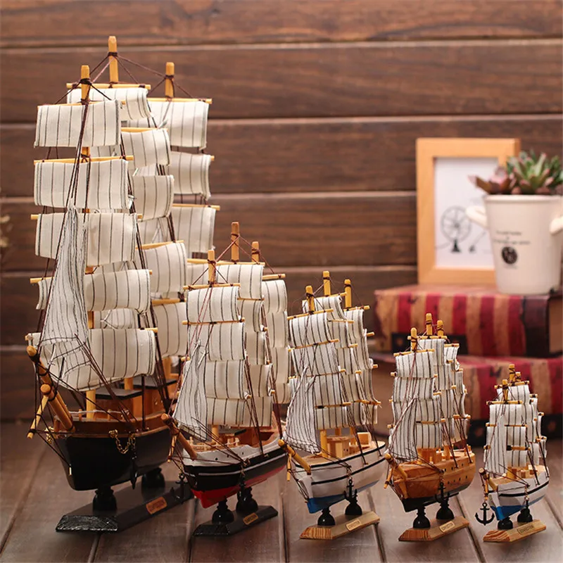 Wooden Boat Model Ornamental Sailing Boat Wood Ship for Home Office Desktop Decoration Beach Boat Ornaments