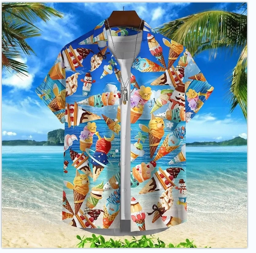 Full Print Funny Ice Cream Graphic Beach Shirts for Men Designer Plus Size Hawaii Vacation Blouse Shirts Camisas De Hombre