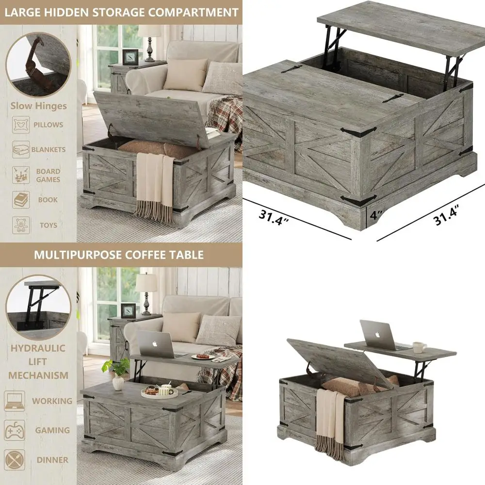 

Квадратный дубово-серый журнальный столик со скрытым хранилищем для современной гостиной