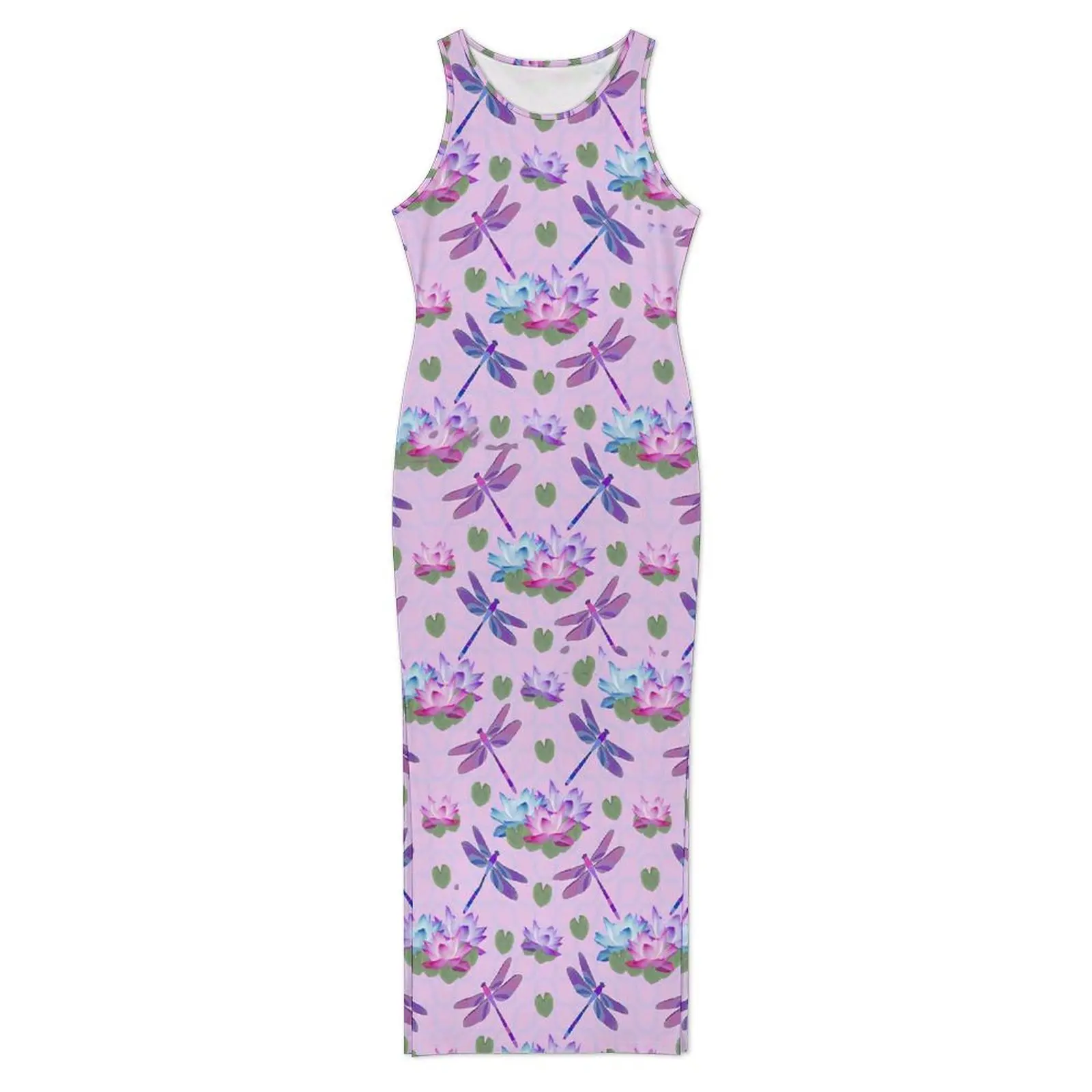 Libélula impressão vestido sem mangas flor de lótus retro maxi vestidos primavera streetwear impresso bodycon vestido tamanho grande 3xl 4xl