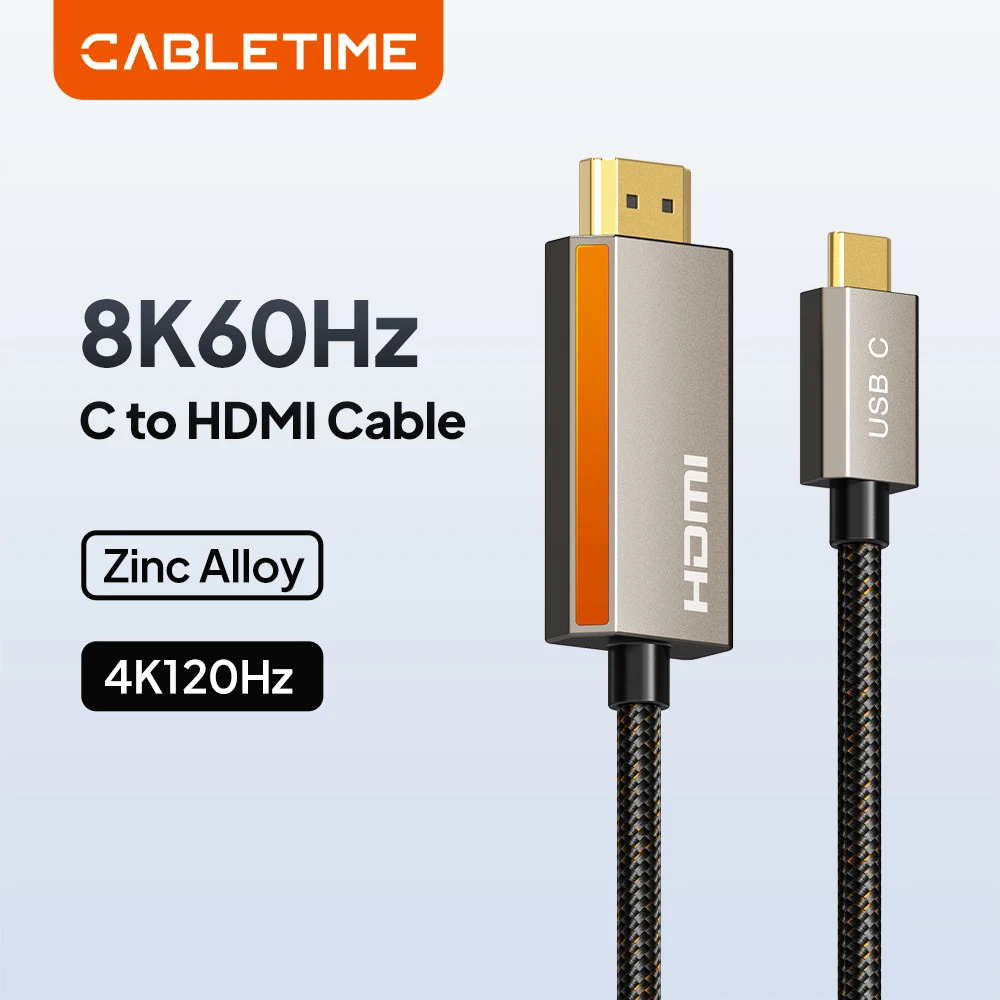 CABLETIME 8K USB C to HDMI Cable 8K@60Hz 4K@144Hz 2K@240Hz Zine Alloy Braid Type C to HDMI Cable for Laptop Monitor