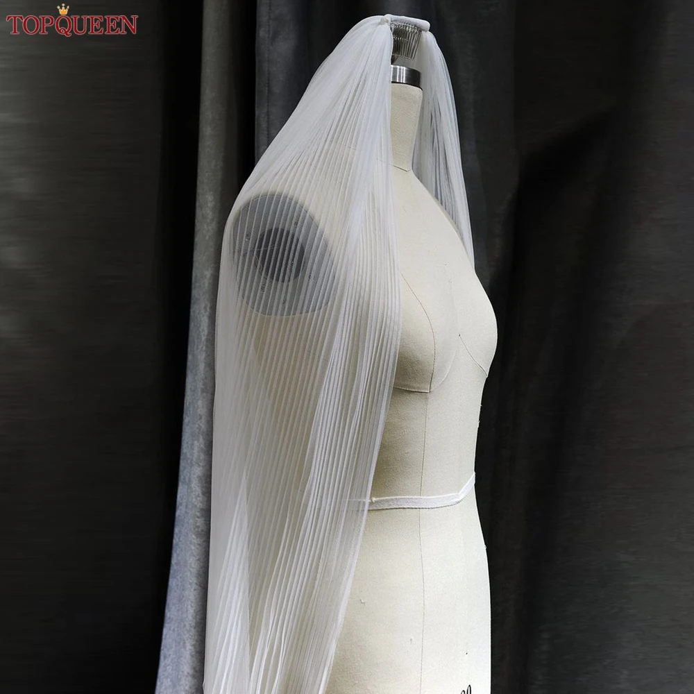 TOPQUEEN-Minimalista plissado Bridal Veil com pente, Noiva Acessórios, 1 Tier Elbow, Fingertip, Waltz Comprimento, V192