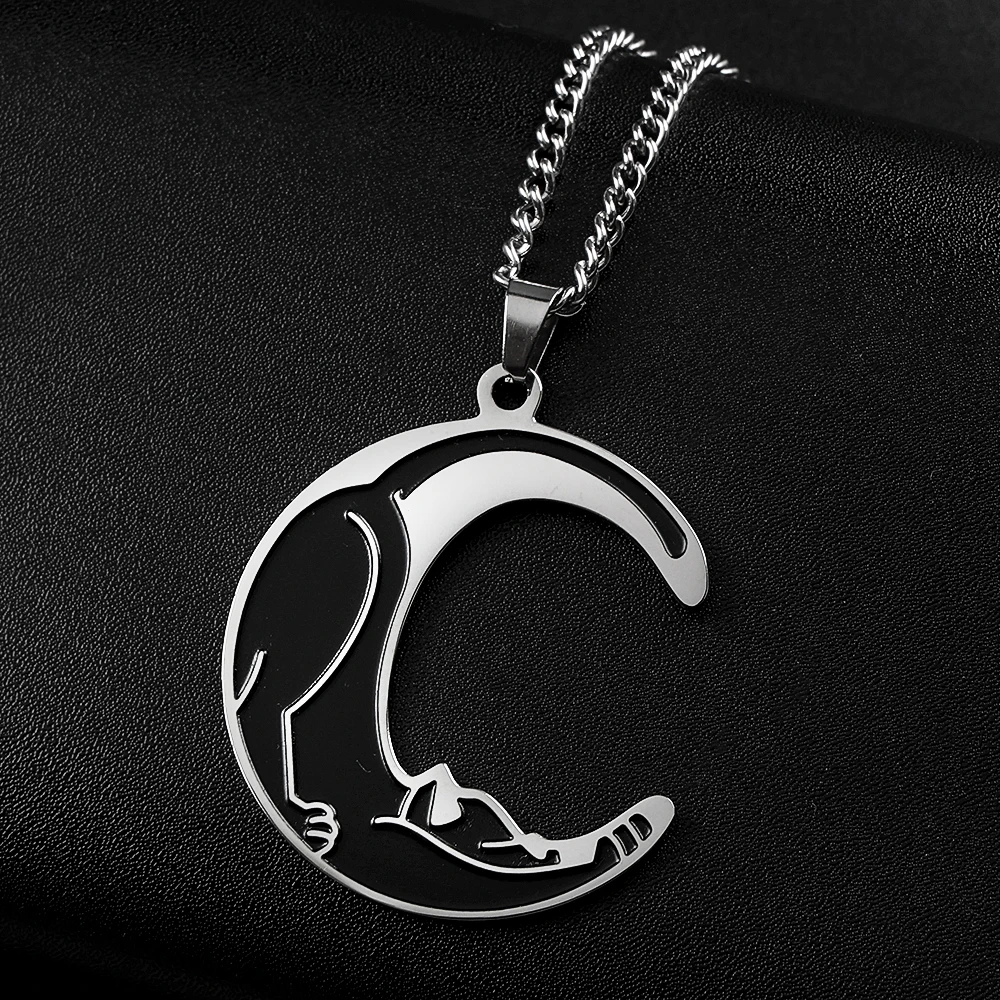 Halskette mit geschnittenem Mond und Katze aus Edelstahl für Damen, silberfarben, große schwarze Emaille-Halskette, Schmuck, Weihnachtsgeschenk, Joyas