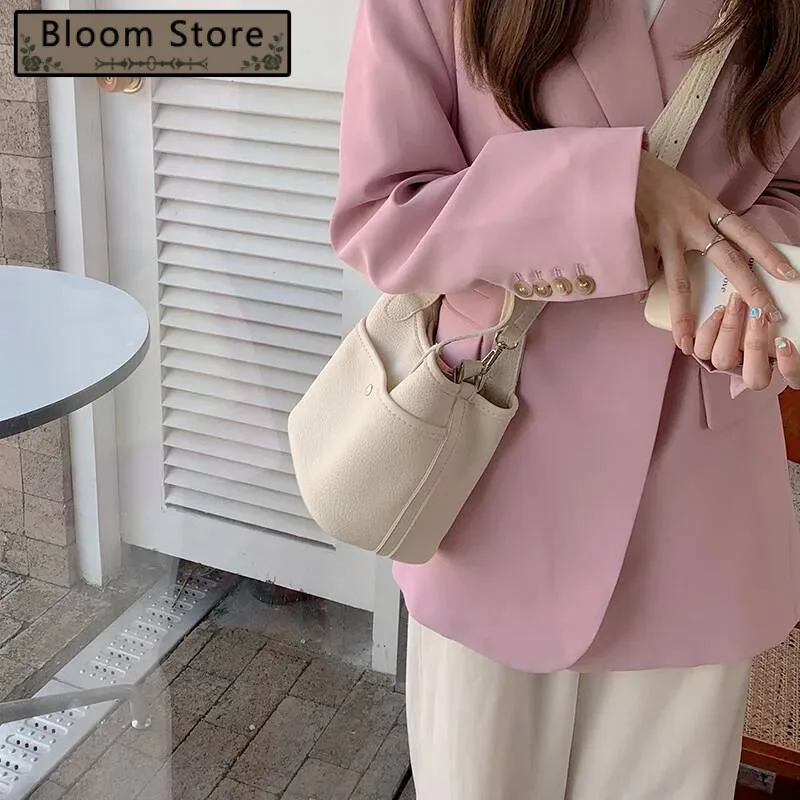 

Korean Solid Color Handbag Women Minimalist Soft Leather Pebbled Texture Bucket Shoulder Ladies Casual Commute Crossbody Bag