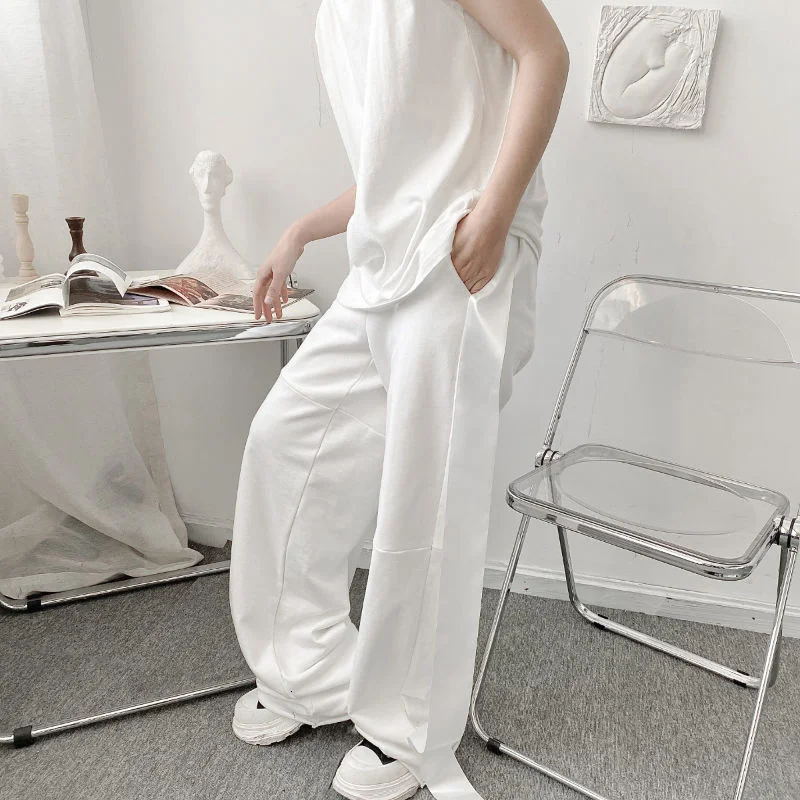 

New Autumn Niche Design Irregular Long Ribbon Loose Wide Leg Sports Pants Black White Straight Wide Leg Trousers 2Y7111