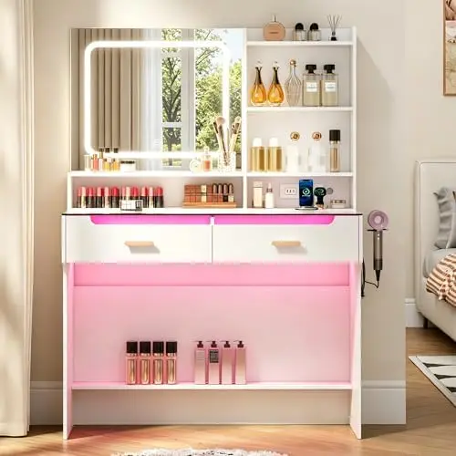 White Makeup Vanity Desk with LED Mirror & Charging Station, Vanity Set with Tempered Glass Top, Hair Dryer Holder &