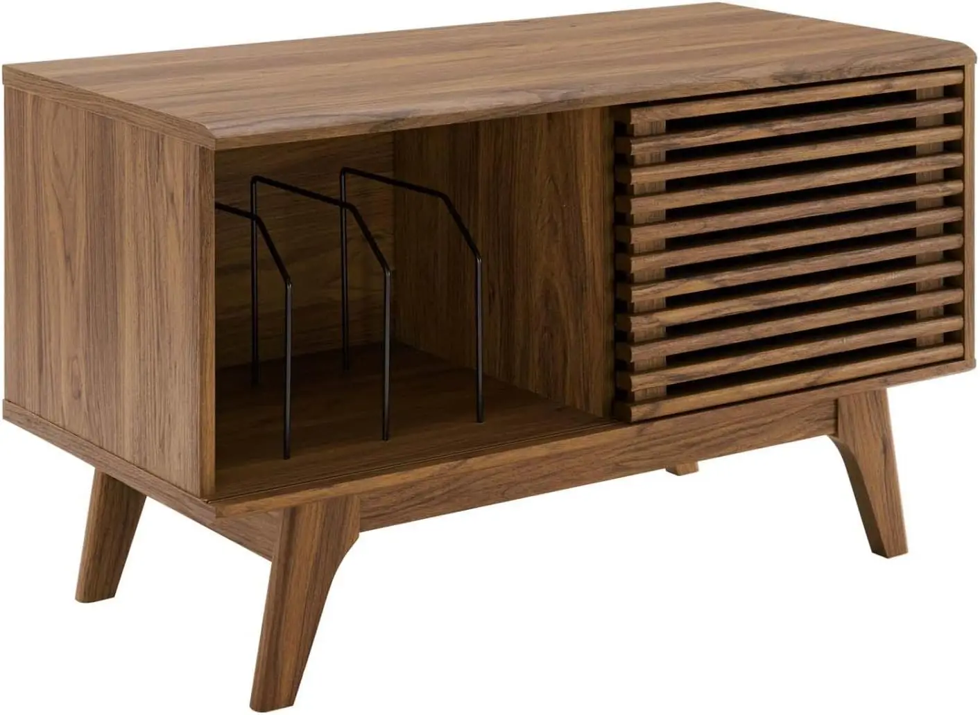 

Mid-Century Modern Vinyl Record Display Stand with Slatted Door, Walnut Finish