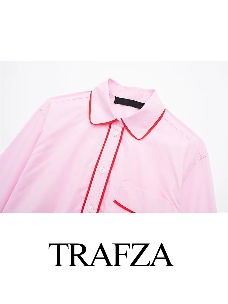 TRAFZA Female Chic Short Shirts Pink Turn-Down Collar Long Sleeves Pocket Single Breasted Woman Spring Fashion Causal Blouse