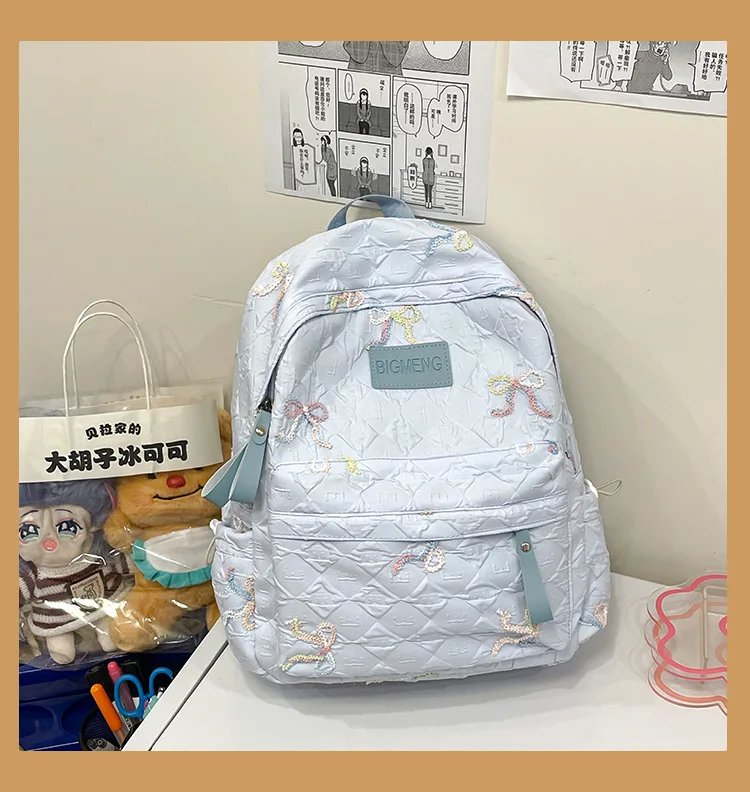 Colorful Bow Full Print Ruched Fabric Backpack Four Colors Available Large Capacity Girls Junior High High School School Bag