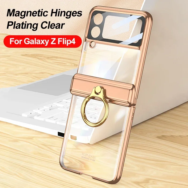 Magnetic Hinge Ring Bracket Case For Samsung Galaxy Z Flip 4 Plating Clear Outer Screen Glass Cover For Galaxy Z Flip4 5 Case