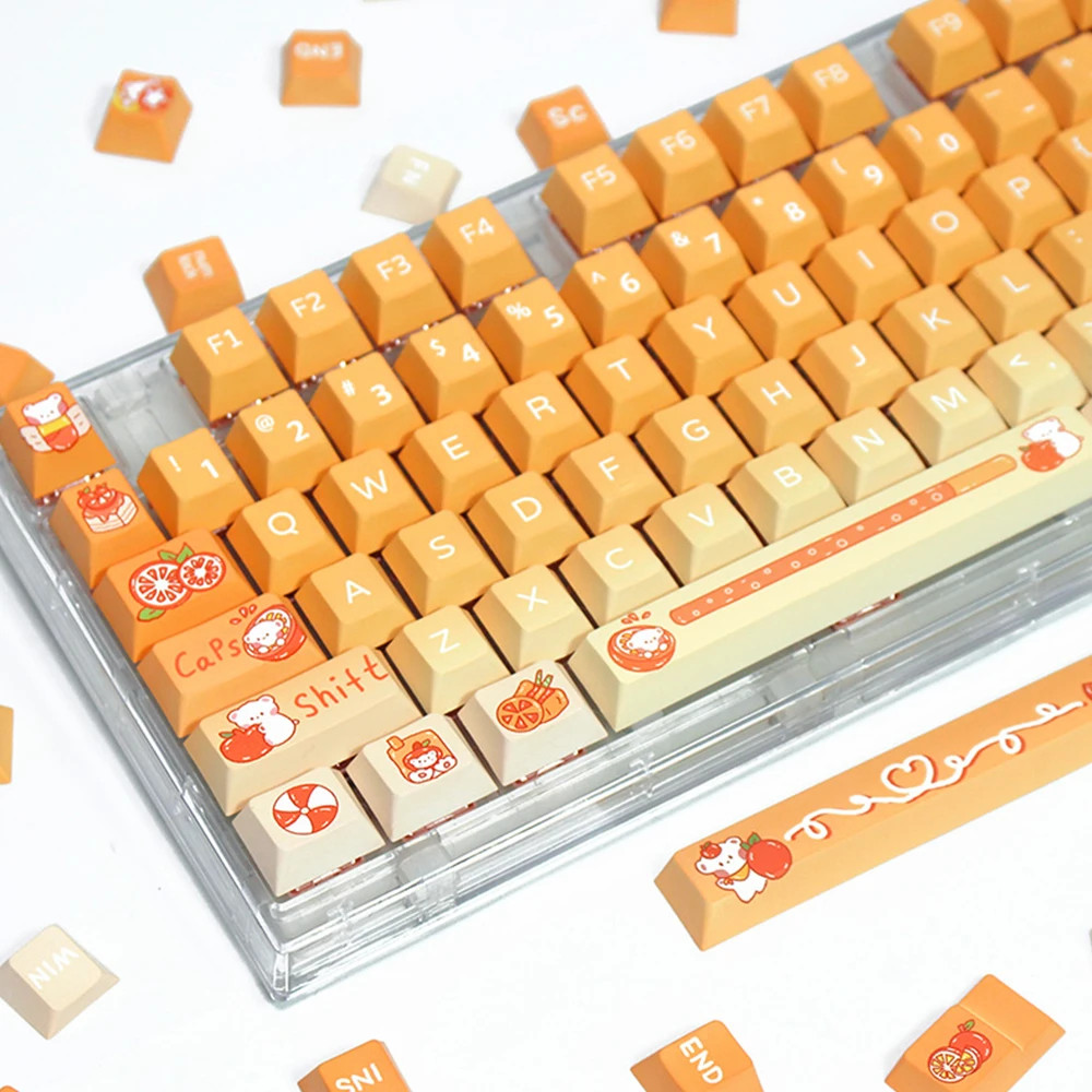 132 Keys Orange Bear Theme Cherry Profile Keycap Set PBT Dye-subbed Key Caps Kit Fit for Mechanical Gaming Keyboard MX Switches