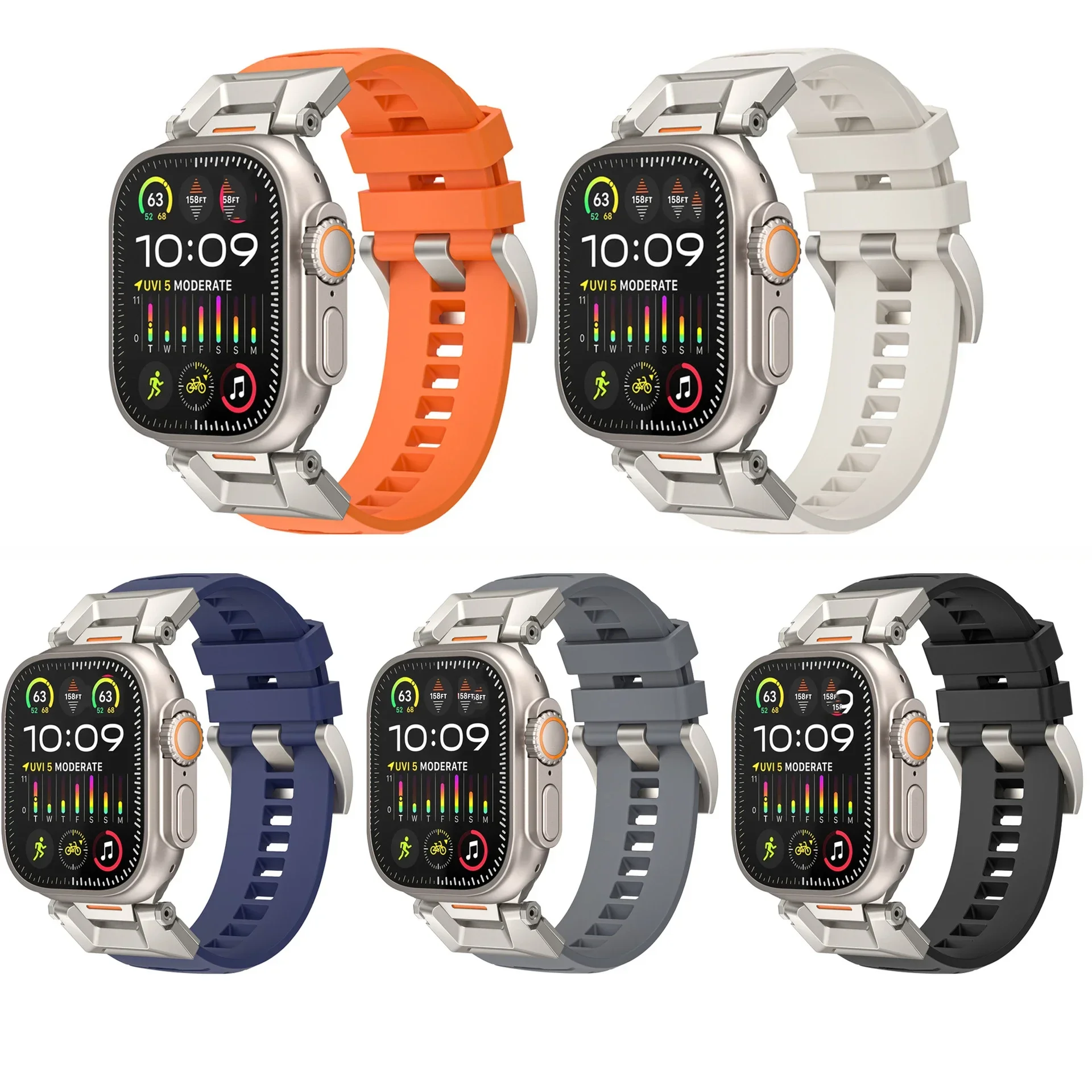 Apple Watch Band Ultra 2 용 불소 고무 스트랩 49mm 46mm 45mm 44mm 42mm 스테인레스 스틸 인터페이스 벨트 10 9 8 7 6 4 3 SE