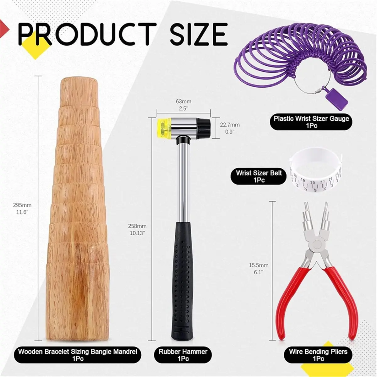 STOCK-5Pcs Jewelry Tool Set Including Rubber Hammer, Wooden Bracelet Sizing Bangle Mandrel, Jewelry Pliers, for Jewelry Making